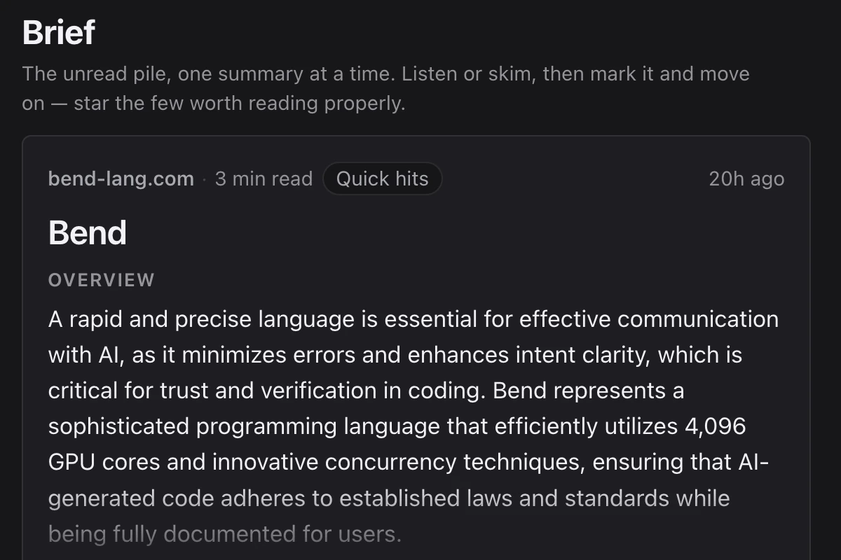 Brief: a single article summary card with source, reading time and overview