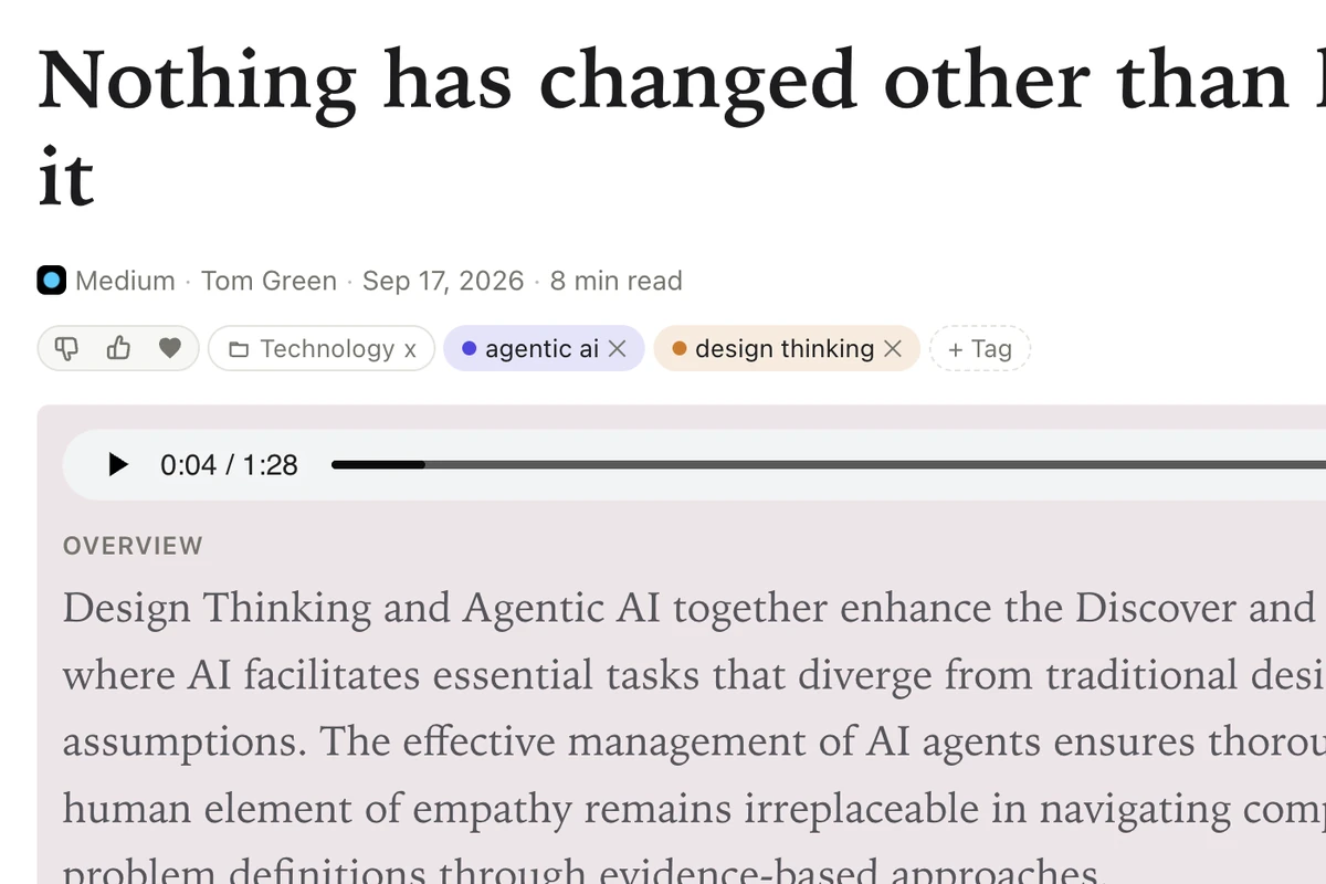 The reader with tags, an audio player and an AI overview above the article