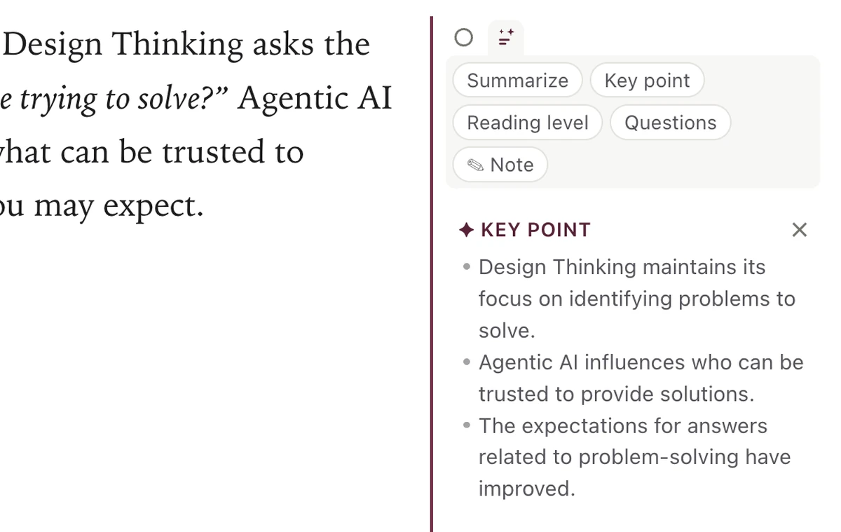Margin actions beside a paragraph: summarize, key point, reading level, questions and note